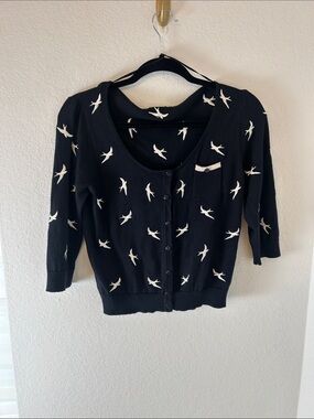 Black embroidered Bird Print Button-Front Women's Sweater Cardigan size 10